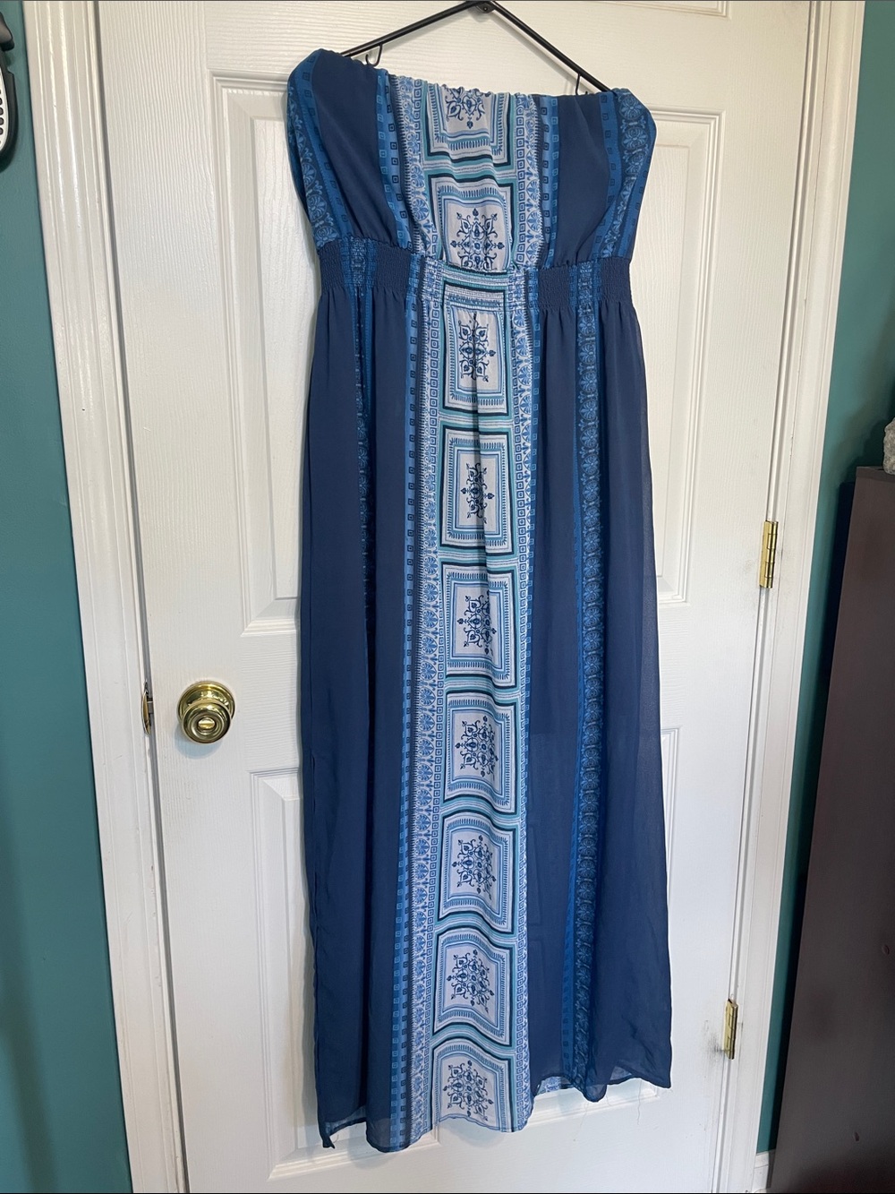Maurices Navy and Light Blue Strapless Maxi Dress
